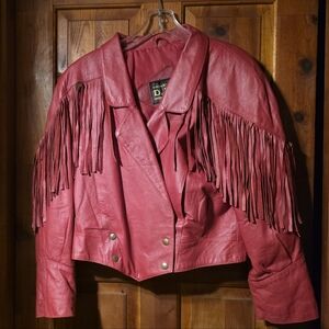 VINTAGE D.A.N.Y. SzLg Frilled Leather Jacket. Bright Red!!